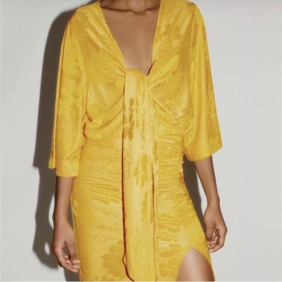 Zara Tops - Zara Floral Jacquard Knotted Bodysuit Sz S in Gold Flowy Sleeves Snap Buttons